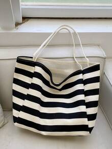 休闲大容量手提包韩版时尚条纹帆布包2025夏季单肩包妈咪包购物袋