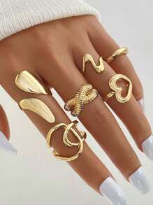 Asymmetrical Teardrop Shaped Metallic Gold Lava Line Smooth Ring, Suitable For Women's Daily Wear, Dates, Parties, Hip-Hop