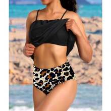 Women 2 Piece Bandeau Tankini Bottom For Tummy Control Stylish Loose Blouson Top Paired With Summer Beachwear - 烏木豹紋 - 查看 4