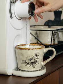 1pc Vintage Floral Mug - Elegant Beige, Brown And Blue Floral Design - Scratch-Resistant Durable Ceramic Coffee Cup - Dishwasher Friendly - Office, Home, Party Drinkware - Birthday, Christmas, Wedding Gift - Antique Style Tableware, Classic Beverage Container, Durable Office Supplies