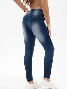 Winter Warm Thick Mid Waist Washed Elastic Skinny Jeans For Office Work Daily Wear - Blue - View 3