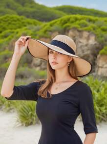 优雅波西米亚风格的女士一体式卡其色/米色草编太阳帽，适合夏季海滩，易于折叠，方便存放，非常适合复活节和户外场景 - 咖啡棕 - 查看 2