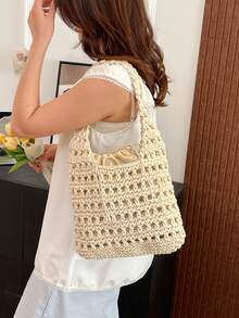 BAILEE 1 件全新米色镂空编织沙滩钱包，优雅轻便耐用单肩托特包，适合女士夏季海滩外出、度假和日常使用沙滩包 - 彩色 - 查看 15