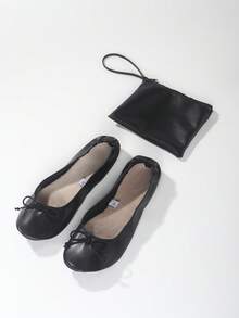 Women's New Classic Black Soft & Comfortable Elastic Bow Ballet Flats With Foldable Soft Sole, Comes With Matching Color Tote Bag, Slip-On Ballet Flat Backup Shoes - Black - View 7