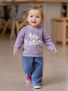 Suéteres para niñas pequeñas, de manga larga, con cuello redondo y bordado de letras, prendas de punto para niñas pequeñas - Morado - Ver 3