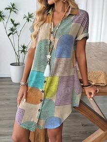 Geometric Print Collared Button Front Knee-Length Bodycon Dress - Multicolor - View 6