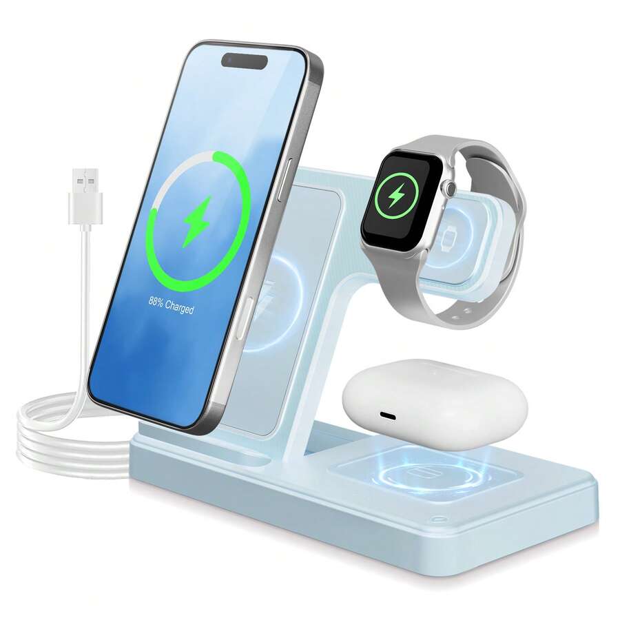 [Only Supports Wireless Headphones With Wireless Charging Function]3 In 1 Charging Station Compatible , Wireless Charger Compatible With 16 15 14 13 12 11 X Pro Max & Apple, Wireless Charging Station For Air-P Ods 4 3 Pro, Foldable Chargers With LED Light, Portable 3 In 1 Fast Wireless Charger, 15W  Foldable Wireless Charging Station Suitable For 15 14 Pro Max 13 12 11, For 3 2 Pro Multiple Devices - 藍色 - 查看 1