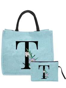 Sunflower & Daisy, Letter A-Z Print Blue Linen Tote Bag, Perfect Holiday Gift, Multifunctional Portable Handbag/Shoulder Bag, Fashion Minimalist Linen Bag, Large Capacity Storage Bag, Gift For Women, Teacher's Day Gift, Cosmetic Bag - Blue - View 30