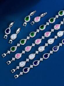 1件优雅水滴四叶草镀银立方氧化锆蓝绿色订婚结婚派对手链，女士珠宝礼品 - 4 leaf - 查看 11