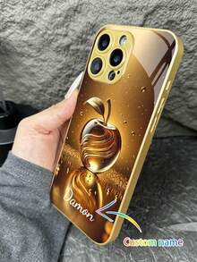Funda de teléfono de vidrio templado dorado personalizada con patrones de manzana, adecuada como regalo para amigos, parejas, padres, regalo de cumpleaños para iPhone 16 Pro Max, 16 Pro, 15 Pro Max, 15 Plus, 15, 14 Pro Max, 14 Pro, 14 Plus, 13 Pro Max, 13 Pro, 13, 12 Pro Max, 12 Pro, 12, 11 Pro Max, 11, XS Max, XR, S25 Ultra, S24 Plus, S20 FE, S22 Plus, S21 Funda protectora de teléfono - Dorado - Ver 6