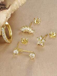 4 Pairs Exquisite Cubic Zirconia Flower Stud Earrings Set Fashion Stack Earring Ear Piercing Jewelry For Women Party, Daily Wear - LM-flower Earrings Set - View 4