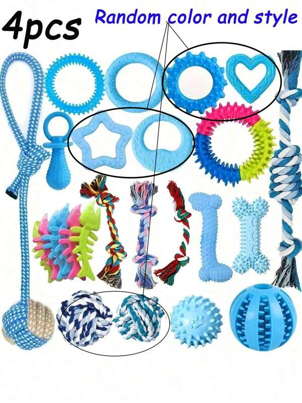 4 Packs Puppy Chew Toys - Random Color And Style Dog Teething Toys For Puppies, New Puppy Toys Teething Rings And Durable Ropes, Blue Rubber Toy Bundle For Small Dogs, Cute Interactive Dog Balls For Small Breed