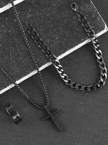 4pcs Hip-Hop Fashion Men'S Jewelry Set, Black Cross Necklace, Bracelet And Ring, The Best Jewelry For Gift Giving Christmas New Year Valentine's Day Holiday Gift
