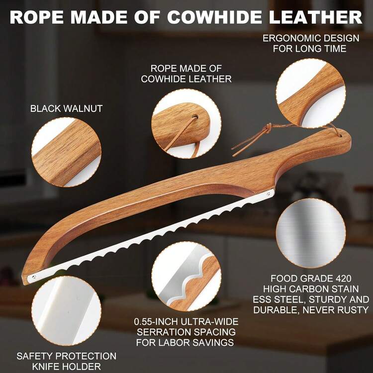 Cuchillo de pan profesional, cortador de masa madre premium con bolsa de empaque de tela de algodón - Cuchillo de pan de acero inoxidable extra largo para baguettes y bagels crujientes - Regalo perfecto para panaderos/amantes de la comida/chefs - Excelente para hornear en vacaciones y regalos de inauguración de casa - Multicolor - Añade 4