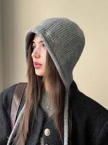 1件秋冬时尚百搭针织羊毛渔夫帽纯色兔毛保暖护耳帽大头围防寒帽适合户外逛街秋季配饰