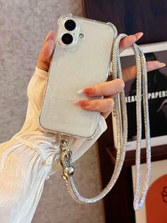 1 件长链带 AB 水钻，银色双扣斜肩带，厚 TPU 闪亮 4 角手机壳，兼容 Apple 16 Pro MAX、16、11、12、13、14、15、12 Pro MAX、13 Pro MAX、14 Pro MAX、15 Pro MAX、13/14/15/16 Pro，手机保护壳防水防震防摔防刮