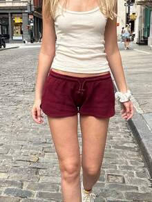 Womens Drawstring Shorts Casual Elastic Low Waist Solid Color Lounge Shorts Going Out Pants Minimalist Sporty - 酒紅色 - 查看 2
