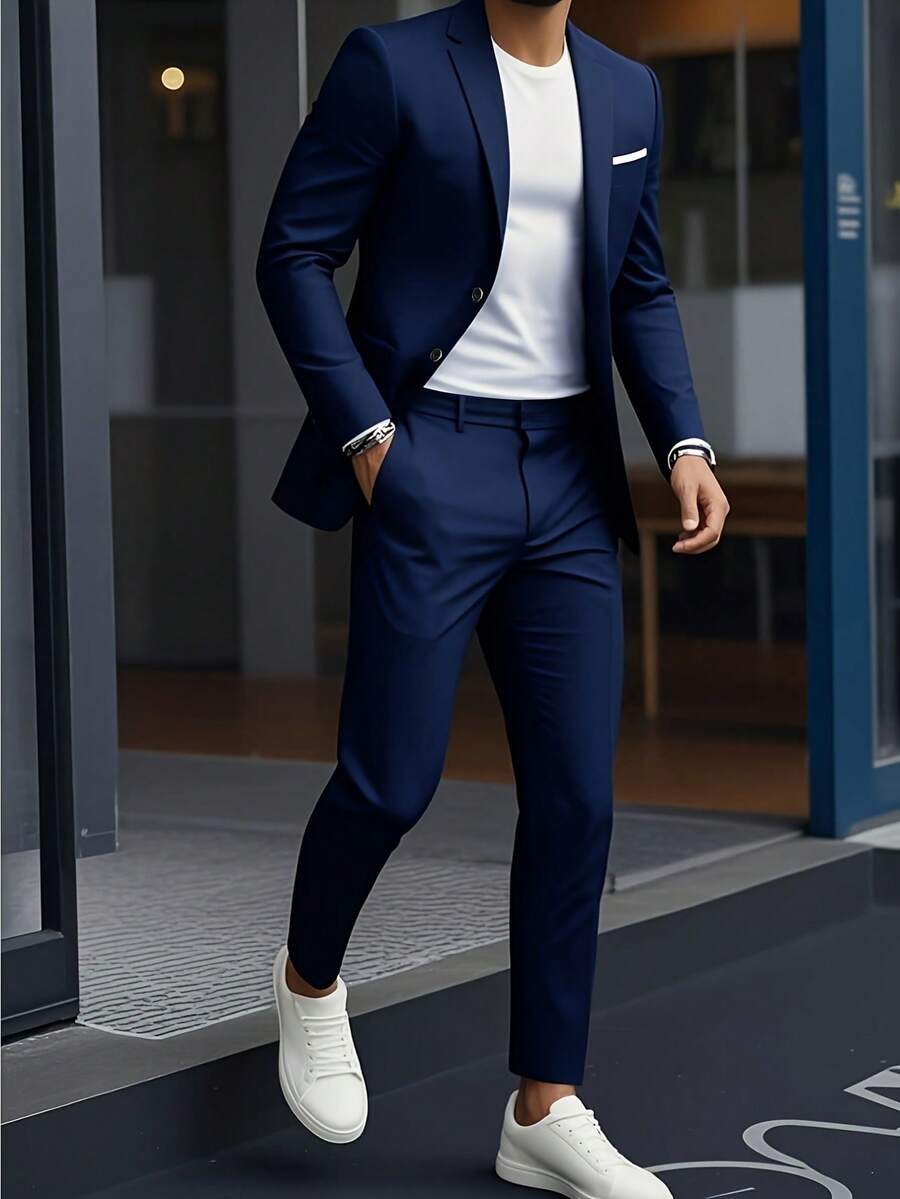 2 Piece Classic Men's Double Breasted Suit - 2 Piece Suit - Wedding, Interview, Party Formal Wear - Slim Fit Groomsmen Tuxedo Jacket + Pants Set - 海軍 - 查看 1