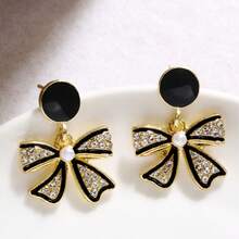 1pair Black Full Rhinestones Bowknot Style Earrings, Unique Design Earrings For Women, Versatile Jewelry Valentine's Day - Black - View 7