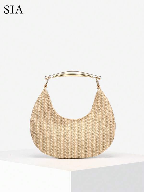 1pc Women's Retro Minimalist Casual Metal Handle Ocean Style Shell Decor Crescent Moon Tote Bag, Suitable For Outings, Dates, Commuting, Vacation