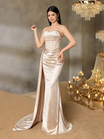 Alisa&Leo 优雅露肩青少年礼服，配有层叠侧边丝带和荷叶边紧身胸衣设计 - 非常适合舞会、毕业典礼、黑色领带晚会、婚礼招待会和豪华晚会