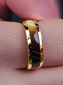 8mm Vintage Inlay Brown Wood Rings For Men/Women Fashion Men Gold Color Stainless Steel Rings Wedding Engagement Band Jewelry Accessories Gift - Brown - View 5