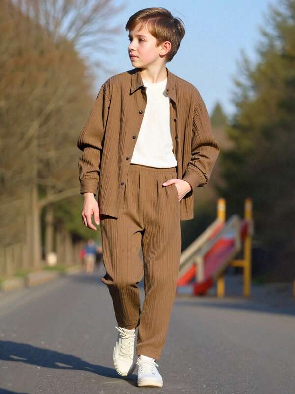 Set 2 buc. ținută pentru băieți preadolescenti, cămașă texturată și pantaloni casual de culoare uni, primăvară/toamnă