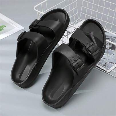 Men's Lace Free Slide Sandals With Double Adjustable Buckle Straps, Casual Walking Shoes With Straps