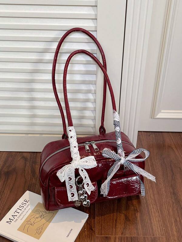 Bolso de Boston versátil de nicho coreano con múltiples bolsillos, estilo bailarina con colgante de mariposa y perla en forma de corazón, decoración de cinta