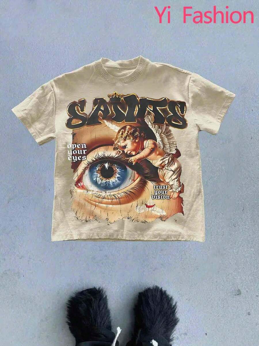 (220 Pure Cotton T-Shirt)    Y2k  Style   Pattern Men's Casual Soft 100% Cotton All-Match Crew-Neck Short-Sleeved T-Shirt - 米色-2 - 查看 1