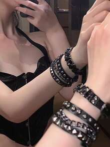 1/3pcs Punk Rock Rivet Bracelet Set, Gothic Spike PU Leather Cuff Bracelet, 80s Adjustable Wristband Bracelet For Men & Women