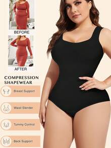 Women's Sculpting Shapewear Bodysuit Tummy Control Compression Waist Trainer Full Body Shaper Butt Lifter Wide Strap Tank Tops  Snatched Waist Square Neck Slimming Jumpsuit Plus Size - 黑色 - 查看 5