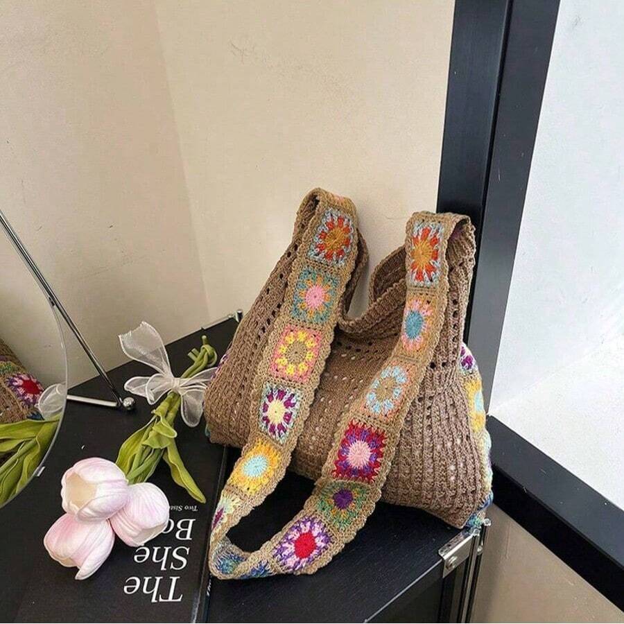 Hollow-Out Floral Bag,Crossbody Bag For Women, Vibrant Floral Embroidery,No Closure, Fixed Straps,Retro Contrast Color, , Beach Purse, Perfect For Summer, Vacation & Daily Use, Travel Must Haves - Màu Khaki - Xem 1