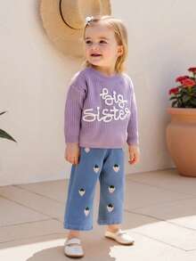 Suéteres para niñas pequeñas, de manga larga, con cuello redondo y bordado de letras, prendas de punto para niñas pequeñas - Morado - Ver 2