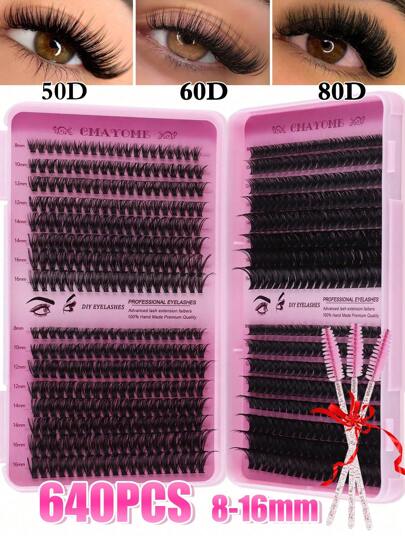 640 piezas de racimos de pestañas, 10D+20D+30D+40D/50D+60D+80D+100D, rizo D 8-16 mezcla de pestañas individuales, pestañas postizas DIY, rizador de pestañas 3D esponjoso suave, rizador de pestañas manga DIY en casa