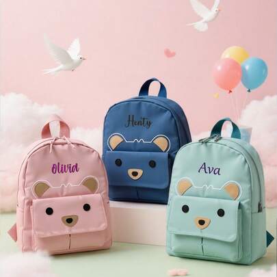 1pc Customizable Embroidered Cartoon Backpack With Cute Bear Pattern, Lightweight, Suitable For Boys Or Girls, Ideal For School, Travel And Daily Use, Children's Birthday, Graduation, Christmas, Winter, Autumn, School, Outdoor/Picnic/Travel/Hiking/Sports Field/Exercise/Climbing Gift, Back To School Gift,Halloween Edit,Back To School Fashion,Christmas Gift ,Travel Organizer, Personalized Gift