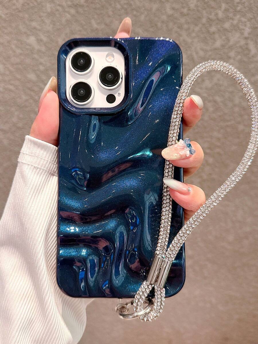 优质 3D 波浪图案宝石蓝色手机壳配水钻腕带，兼容 16 Pro Max/16/16 Pro/16 Plus/15/15 Pro Max/15 Pro/15 Plus/11/12/13/14 Pro Max/11 Pro/11 Pro Max/12 Pro/12 Pro Max/13 Pro/13 Pro Max/14 Pro/14 Pro Max/14 Plus，简约创意设计软壳防水防震防摔防刮