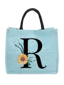Sunflower & Daisy, Letter A-Z Print Blue Linen Tote Bag, Perfect Holiday Gift, Multifunctional Portable Handbag/Shoulder Bag, Fashion Minimalist Linen Bag, Large Capacity Storage Bag, Gift For Women, Teacher's Day Gift, Cosmetic Bag - Blue - View 31
