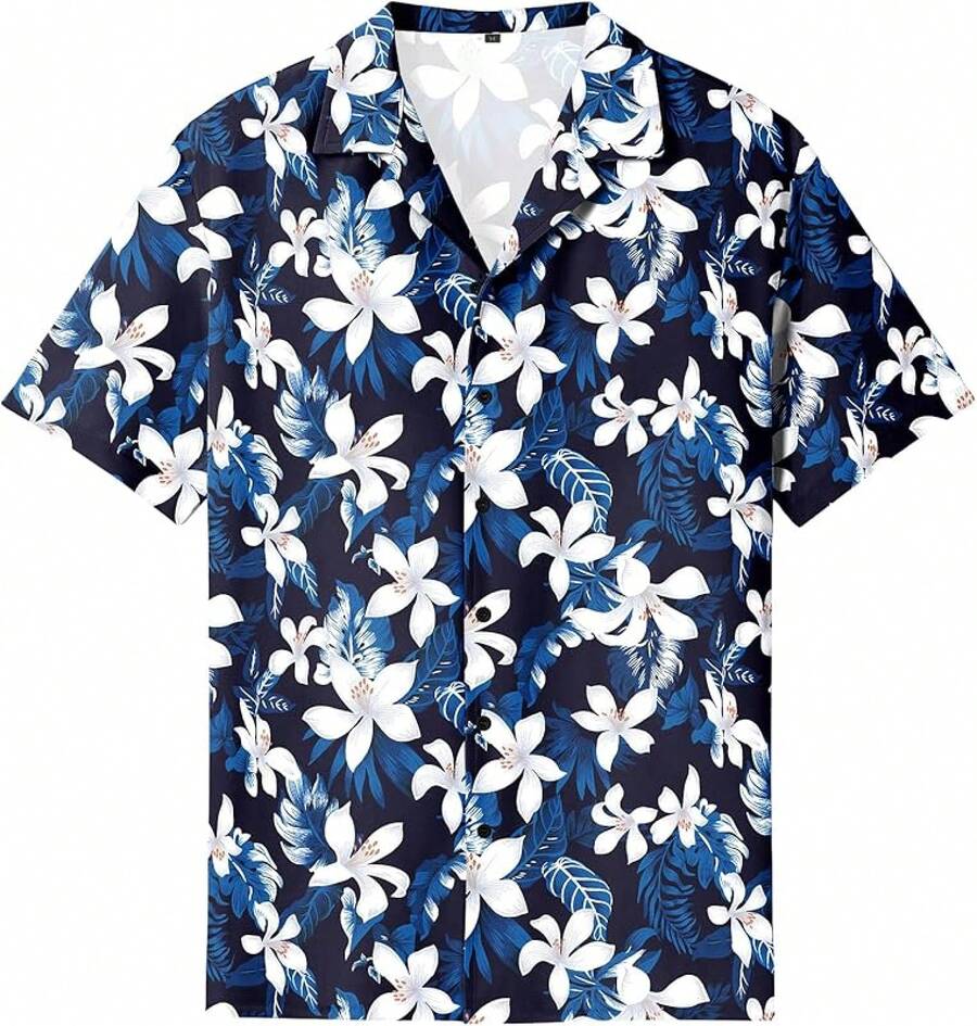 Men's Hawaiian Shirt Cool Summer Hawaii Tshirts Beach Tropic Print V Neck Button Up Tops Floral Short Sleeve Topshalloween - 深藍色 - 查看 1