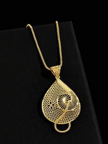 SEQUITO 3 Stücke Set aus temperamentvoller gelb-goldener, vergoldeter Hochzeits-Party-Kleid-Accessoires, Cut Out, großer Wassertropfen-Anhänger, Halskette, lange Hänge-Ohrhänge, Brautschmuck