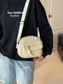 多口袋迷你灯芯绒便携式通勤拉链时尚休闲百搭单肩包/斜挎包，适合女性日常使用 - 白色 - 查看 2