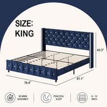 Twin/ Full/ Queen/ King Size Bed Frame, Upholstered Bed Frame With Diamond Headboard And Footboard, No Box Spring Needed With Wood Slat Support, Easy Assembly, Twin Bed Frame/  Full Bed Frame/ King Bed Frame, Black/ Pink/ White/ Purple/ Blue/ Green - 藍色 - 查看 10