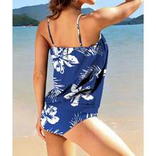 Women 2 Piece Bandeau Tankini Bottom For Tummy Control Stylish Loose Blouson Top Paired With Summer Beachwear - Blue Flower - View 6