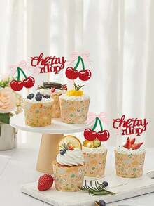 12 piezas "Ella es la guinda del pastel" Decoraciones para cupcakes, Pinchos de pastel dulce de cereza brillante, Adecuado para decoraciones de baby shower y despedida de soltera con tema de frutas - Multicolor - Ver 2