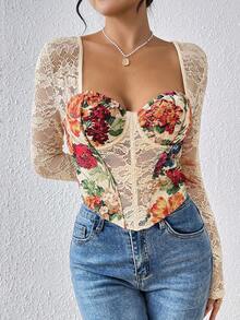 EZNV 1pc White Apricot Long Sleeve Lace Floral Belted Blouse | Square Neck Slimming Retro Painting Style Sexy Lady Top - Apricot - View 3