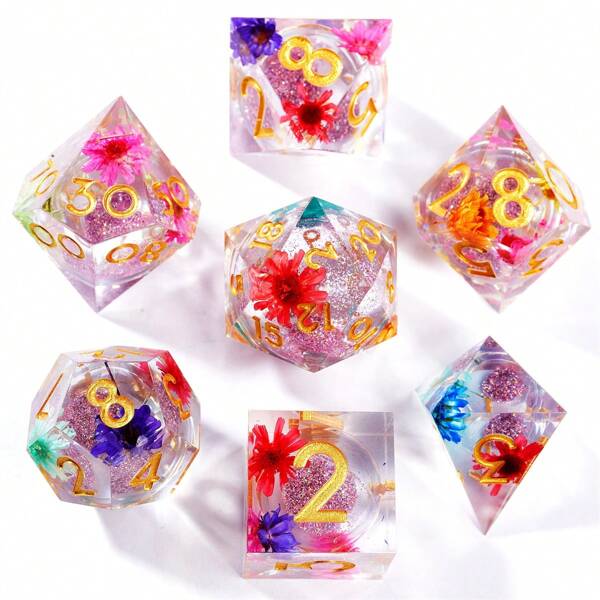 Dados de resina super soñadores incrustados con flores secas y brillo, perfectos para la colección de escritorio