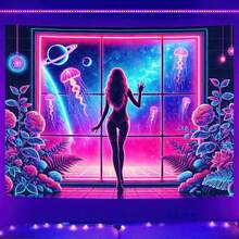 Alien Blacklight Tapestry UFO Black Light Hanging Backdrop Poster Wall Tapestry For Bedroom Decoration For Bedroom,Living Room,Dorm - 黑光女性 - 查看 2