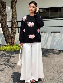 Women's Round Neck Crocheted Flower Jacquard Pattern, Plant Rib Machine Embroidery, Embroidery, Knitted Sweater