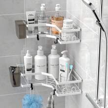 Corner Shower Caddy, 2 Pack Adhesive Shower Corner Organizer Shelves, No Drilling Stainless Steel Shower Storage Rack With Hooks&Toothpaste Holder For Bathroom, Dorm And Kitchen - 白色 - 查看 2
