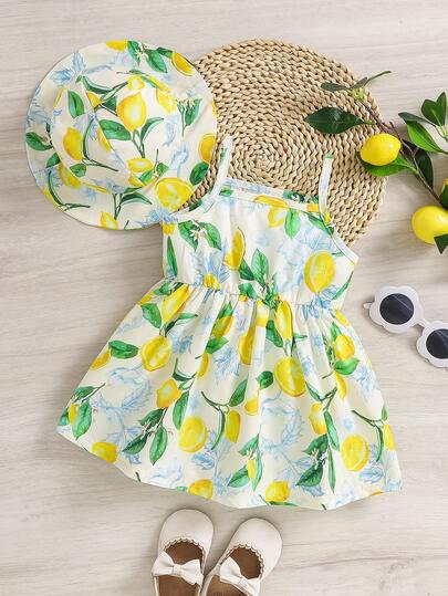 2pcs Baby Girl Summer Casual Elegant Lemon & Floral Print Dress + Hat Set, Lightweight For Spring/Summer